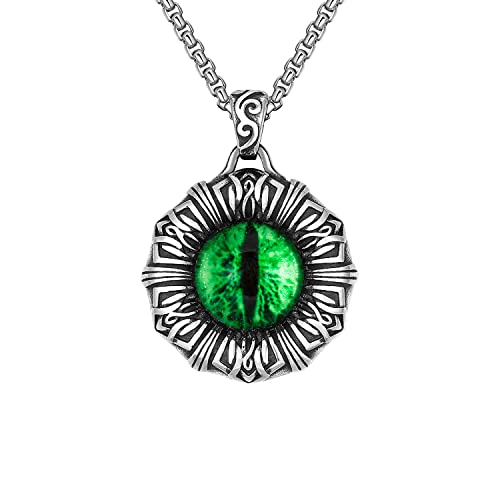 Vintage Evil Eye Protection Pendant Necklace Retro Gothic Goth Punk Rock Biker Stainless Steel Necklace for Men Boy Chain 24inch, Green (FNG6353230331G)