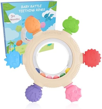 Yoolane Baby Teething Rings Toys [Original] - Silicone Rattle Teether for Babies, Dinosaur Sensory Teething Relief Chew Toy, Stuff Essential and Gifts for Toddler Infant Boys Girls 3+ Months