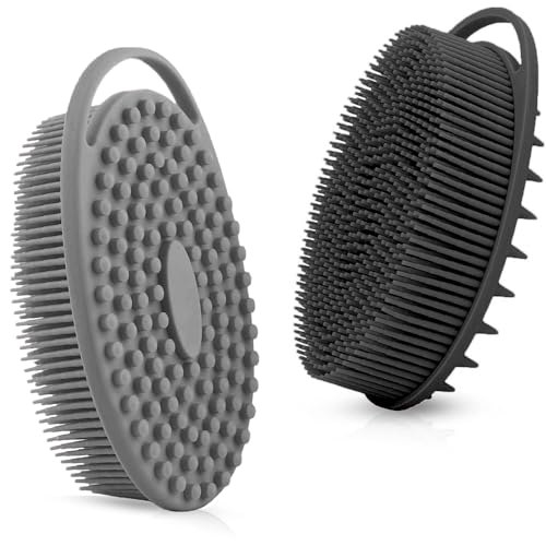 RamPula Silicone Body Scrubber, Silicone Loofah, Bath Cleaning Scrubber, Shower Sponge Glove, Exfoliating Body Brush for Wet or Dry Brushing, More Hygienic Than Traditional Loofah (Black and Grey)