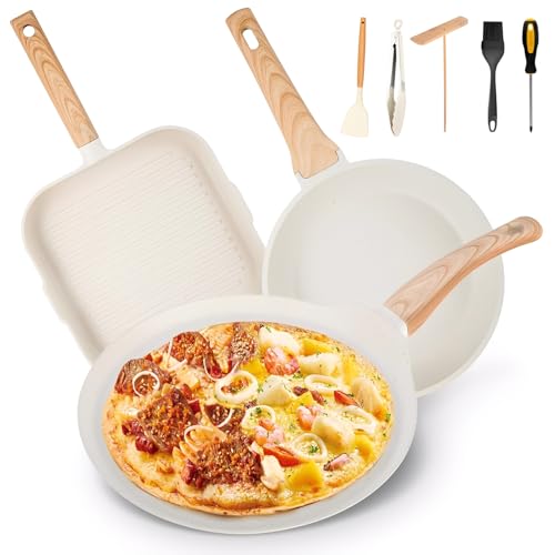 Opiniones de Sartenes para crepes comprados en linea. 44 Juego de 3 Sartenes y Crepera Antiadherente,juego de utensilios de cocina de granito blanco,Sartenes Antiadherentes, Libre de PFOS y PFOA,Sarten Apto para Todas Las Estufas (24 cm,...