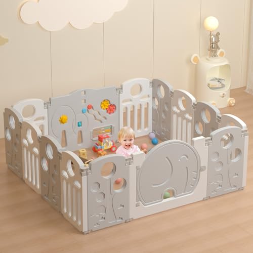 LulliSpace Baby Playpen,for Kids and Toddlers,Kids Activity Centre Safety Play Yard,Indoor&amp;Outdoor Pattern Baby Fence with Game Panel, Safety Lock, Non-Slip Bases, Adjustable Shape,14 Panels