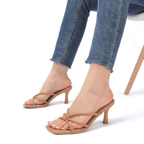 Image of Goderci Kitten Strappy Heels for Women Knotted Square Open Toe Slip On Mule Heels Mid Heeled Sandals