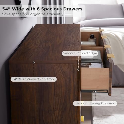Image of T4TREAM Fluted 6 Drawers Dresser, 54 inch Wide Modern Chest of Drawers, Curved Profile Design, Dresser TV Stand, Wood Drawer Organizer for Bedroom, Living Room, Hallway, Dark Walnut