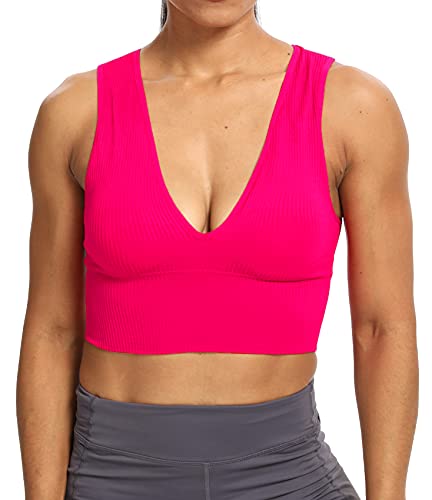Venbond Women s Sexy Sleeveless Seamless Crop Top Deep Plunge V Neck Ribbed Tank Top with Removable Pads (Fuschia, S)