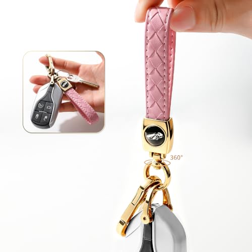 Image of Gkeygo Carabiner Keychain, Universal Heavy Duty Woven Handmade Leather Key Chain, Car Fob Key Keychains with 360 Degree Rotatable Snap Swivel and Anti-Lost D-Ring for Men and Women,Light Gold - Pink