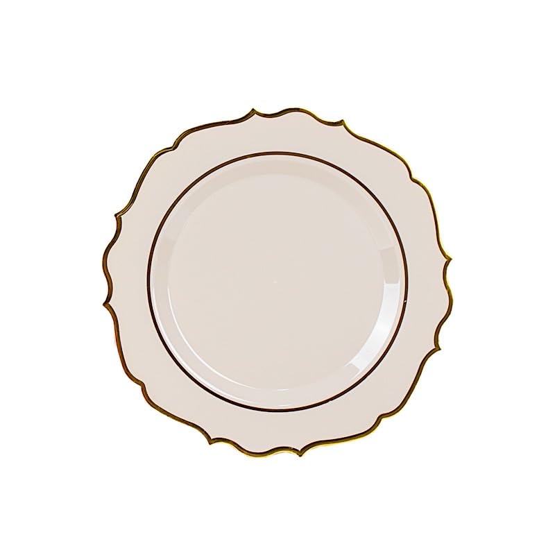 Balsa Circle 10 Taupe 8-Inch Round Plastic Dinner Plates with Gold Scalloped Rim Disposable for Weddings Parties Birthdays Receptions Events Catering