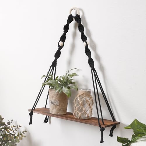 Artilady Macrame Black Floating Shelf - Boho Wooden Wall Shelves Hanging Decor, Rustic Hanging Storage Rack Hand Woven Plant Shelf Decor for Bedroom Living Room Nursery Dorm Room