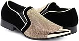 Crisiano Men Stage Fashion Sparkle Rhinestone Suede Metal Chrome Toe Designer Dress Loafers Slip On Shoes Classic Tuxedo Dress Shoe (9.5 D(M) US, Gold)