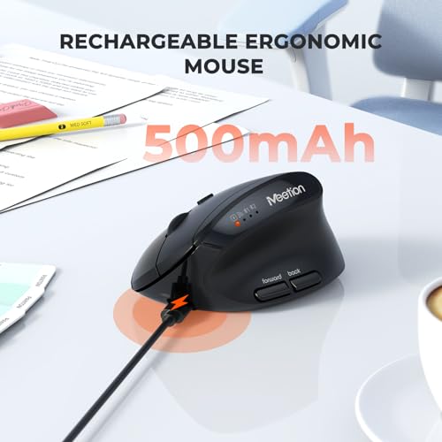 Image of MEETION Ergonomic Mouse, Wireless Mouse, Bluetooth Vertical Rechargeable Mice, 4 Adjustable DPI 800-2400, Bluetooth 5.2+5.2+USB Mouse for Windows /Mac, for Laptop /PC /Desktop /Computer /iPad Bk
