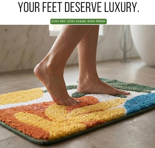 Image of VAS COLLECTIONS Luxurious 2000 GSM Microfiber Bath Mat | Super Soft, Thick & Fluffy | Anti-Skid, Super Absorbent, Bathroom /Bedroom /Kitchen /Door Mat (40x60 cm, Pack of 1) (Blue & Yellow Leaf)