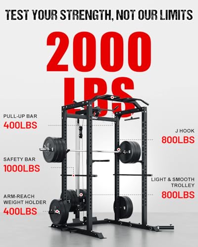 Image of C1-V4 Power Cage, 2000LBS Squat Rack with LAT Pulldown, Multi-Function Weight Cage Strength Training Machine, Workout Cage with More Attachments for Home Gym Garage