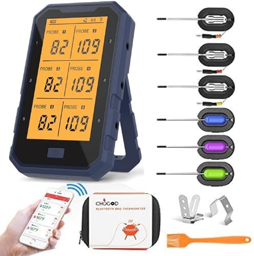 Wireless Meat Thermometer, Bluetooth Meat Thermometer for Grilling Digital BBQ Cooking Thermometer with 6 Probes, APP/Timer/Alarm Monitor Food Thermometer for Smoker Barbecue Oven Kitchen Turkey