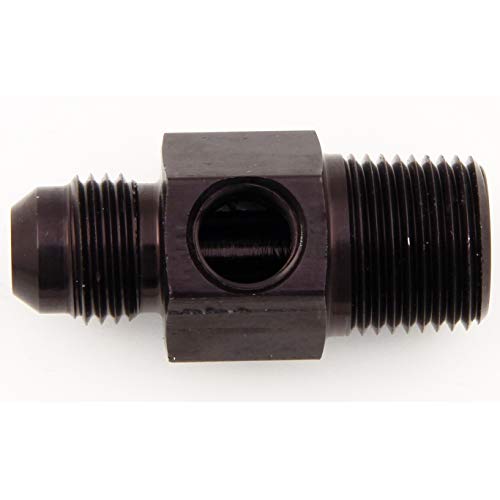 Image of 8AN Flare to 1 /4 NPT male Hose Union Fitting with 1 /8 NPT Pressure Side Port, Fuel Line Tee Pipe Adapter Aluminum Black