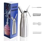 Professional Cream Whipper, 500ml Brushed Aluminium, 3 Nozzles (Straight, Tulip, Star), Compatible with N2O Gas Cartridges, Easy to Clean, Perfect for Whipped Cream & Dessert Decorations