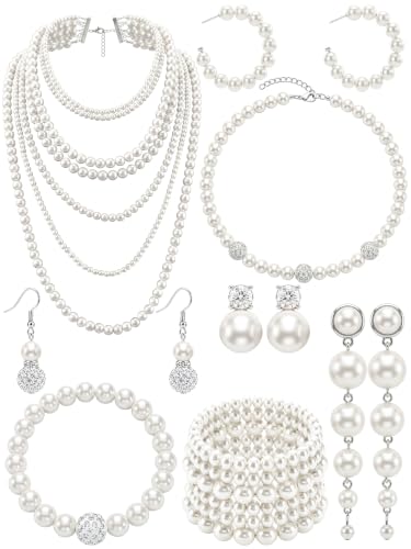 Image of BBTO 8 Pcs Pearl Necklace Earring Set Women Wedding Jewelry