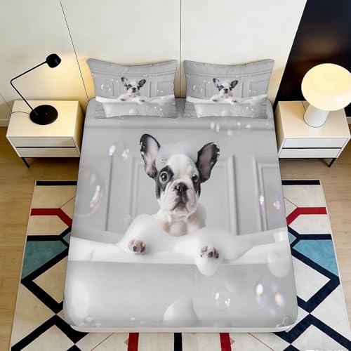 Lenzuolo con Angoli 3D Printing Tema Bulldog Francese Microfibra Tasca Profonda Antiscivolo Bulldog Francese Mattress Fitted Cover per Camera 160x200x25cm
