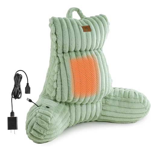 Amélie Home Heated Faux Fur Reading Pillow 3 Temperature Backrest for Sitting in Bed Support Cushion, USB-Powered(No Power Bank Included) Warming (113°F-131°F), 3H Auto Shutoff, Sage Green, 22 Inches
