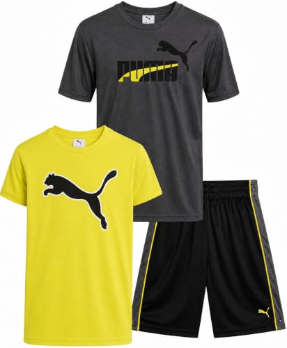 Image of PUMA Boys Active Shorts Set - 3 Piece Performance T-Shirt, Dry Fit Tank Top, and Gym Shorts - Activewear Set for Boys (4-16)