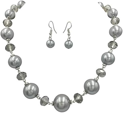 Single Row Simple Beaded Statement Multi Color Necklace & Dangle Earrings Set (Simulated Grey Pearl)