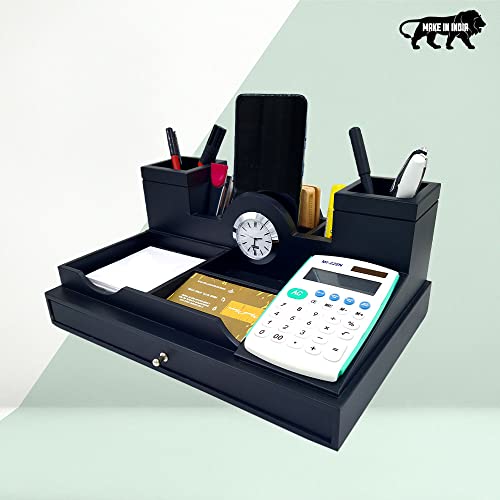 Image of WOOD HOUSE Wooden Desk Table Organizer, Pen Stand with Clock - Office Table Accessories for Diwali New Year Corporate Gifts