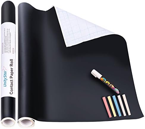 UnityStar Chalk Paper, 17.7" X 78.7" Adhesive Chalkboard Contact Paper Removable Wall Decal Stickers with 1 Liquid Chalk Marker & 5 Colors Chalks for Home Office School Blackboard Restaurant Menu