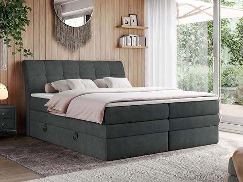 MKS MEBLE King Boxspringbett 160x200, Polsterbett 160x200 mit Bettkasten, Bett 160x200 mit Multipocket-Matratze H4, Boxspringbett 160x200 mit Kopfteil und Topper - H4 Dunkelgrau Strukture - Gold-10