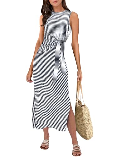 ANRABESS Womens Summer Casual Sleeveless T Shirt Midi Dress Slim Fit Tie Waist Split Tank Long Dresses 2025 Vacation Sundress