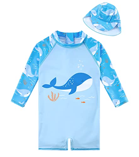 Baby Boys Rash Guard Swimsuit Blue Whale Sunsuit Back Zip UPF 50+ Sun Protection Long Sleeve Bathing Suit Green 12-18 Months