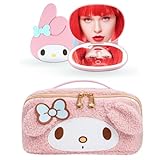 Impressions Vanity My Melody LED Compact Mirror and Travel Makeup Bag Set Lighted 3X Magnification Mirror with Adjustable Brightness, Faux Sherpa Cosmetic Organizer with Handle, Golden Zipper