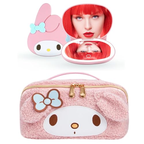 Impressions Vanity My Melody LED Compact Mirror and Travel Makeup Bag Set Lighted 3X Magnification Mirror with Adjustable Brightness, Faux Sherpa Cosmetic Organizer with Handle, Golden Zipper