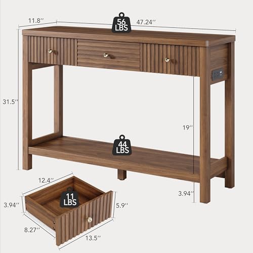 47 Inch Fluted Console Table with Outlets and USB-C Port, Mid Century Modern Sofa Table with 3 Drawers and Open Shelf, Entryway Table with Charging Station for Behind Couch, Hallway, Foyer, Walnut - Thumbnail 2