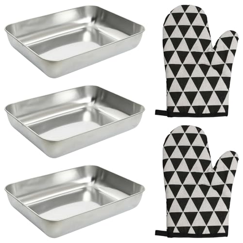 3 Piece Stainless Steel Breading Trays Set with 2 Heat-Resistant Gloves, Stackable & Dishwasher Safe, 25×20×5cm – Ideal for Breading, Marinating, Portioning & Food Prep