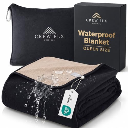 CREW FLX Waterproof Blanket for Bed Intimacy (80"x 60" Queen Size) Soft Reversible Plush Fleece, Love Blanket, Moisture Absorbent TPU Layer Stain Proof Couch Bed Mattress Water Proof Cover Beige/Black