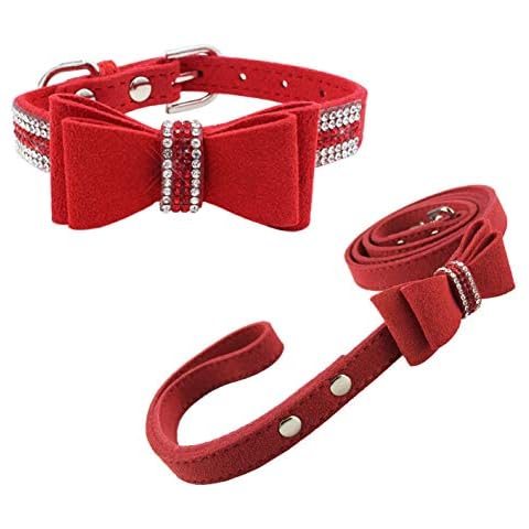 Newtensina Soft Bow Ties Dog Collar and Leash Set Cute Bow Ties Collar with Diamante for Dogs Cats - Red - S Cover