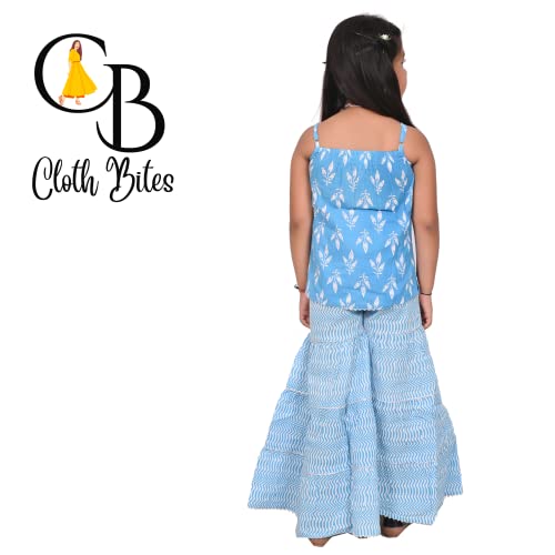 Image of Cotton Block Printed Sleeveless Sharara Set for Kids and Girls (Sky Blue, 6-7 Years)