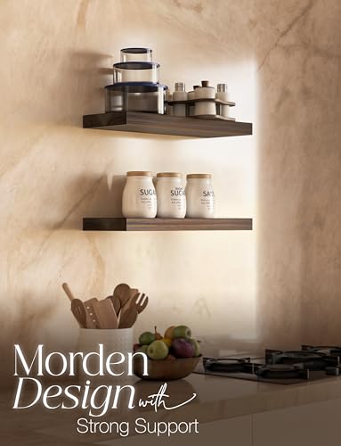 BATODA Set of 2 17\" Acacia Wood Floating Shelves Wall Mounted – Rustic Farmhouse Wooden Wall Storage Shelf Bedroom, Kitchen, Home Décor - Brackets and Shelving Mounting for DIY (Walnut Color)