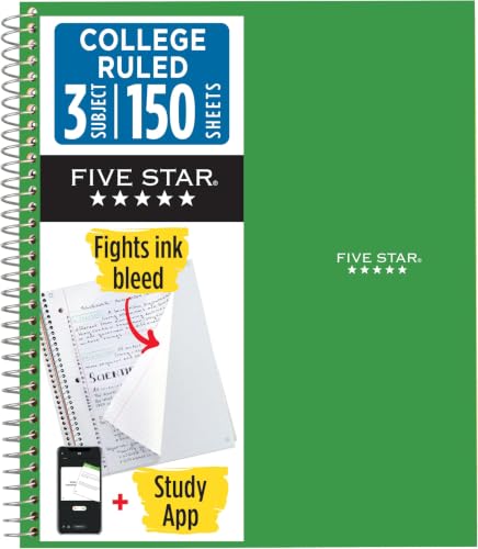 Image of Five Star Spiral Notebook + Study App, 3 Subject, College Ruled Paper, Fights Ink Bleed, Water Resistant Cover, 8-1 /2 inch x 11 inch, 150 Sheets, Green (72067) (Pack of 6)