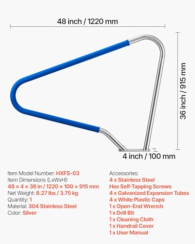 VEVOR Schwimmbad Handlauf, 1220x100x915mm, Tragfähigkeit 100kg, Pool Haltegriff aus Edelstahl 304, abnehmbare rutschfeste Hülle, umfangreiches Zubehör, für Poolbereiche, Wasserparks & Spa-Zentren