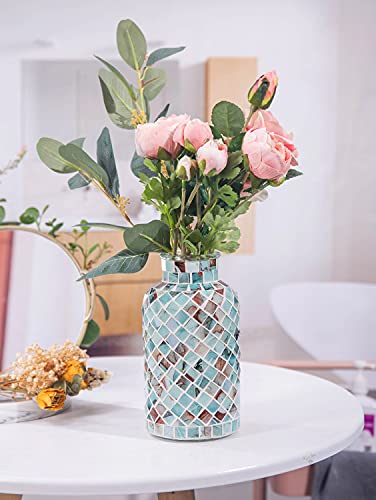 Classic Mosaic Flower Vase For Home Decor, 8”(H) Glass Handmade Table Centerpiece Container For Office, Living Room Kitchen, Wedding. (Summer Road) #TOP1