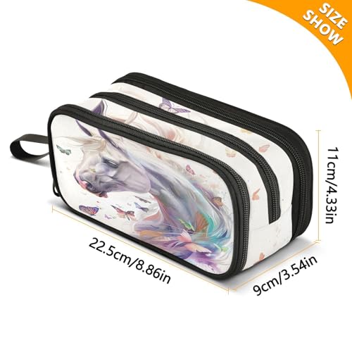 Image of White Horse Butterflies Pencil Case Box Boys Girls Large Pencil Pouch with Zipper Compartments Big Capacity Stationery Pen Bag Organizer for Kids Teens Adults School