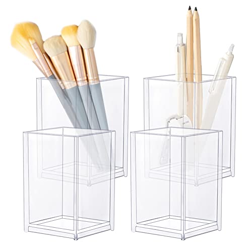 YAANBUNB 4 Pcs Acrylic Pen Holder Clear Makeup Brush Holder Square Pen Pot Desktop Pencil Cup Pencil Storage Basket Candy Box Stationery Organizer for School Home Office Desk Accessory, 6.5*6.5*10cm