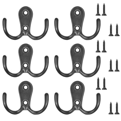 LICQIC Double Prong Robe Hooks, Dual Coat Door Hooks, Double Hook for Hanging Robe Towel, Coat, Bag, Hat (Black, 6 Pcs)