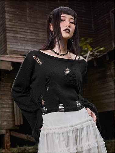 Image of URAWESO Gothic Hollow Sweater Ripped Punk Crochet Tops Distressed Gyaru Y2k Black Knit Pullover with Holes