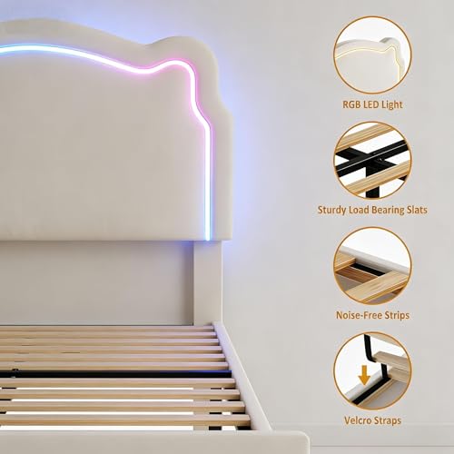 Image of GarveeHome Twin Upholstered Smart LED Bed Frame with Headboard, Velvet Princess Platform Bed Frame for Kids, Wooden Slats Support, No Box Spring Needed (Off-White)