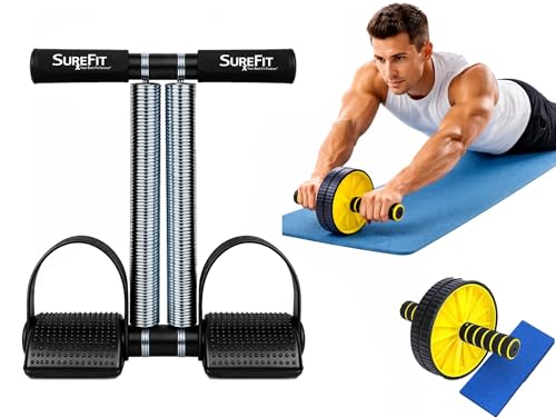 Image of SUREFIT Tummy Trimmer Double Spring with Comfortable Foam Grip Handle & Ab Roller Wheel Combo for Men & Women | Home Workout Fitness Kit for Abs, Arms & Core Training (Black)