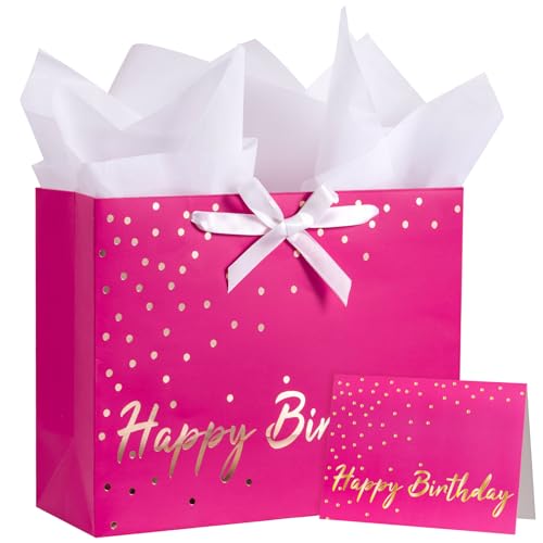WRAPAHOLIC 13" Hot Pink Birthday Gift Bags with Tissue Paper and Card - Pink and Gold Foil Dots Bags for Girls Women Birthday Party Supplies