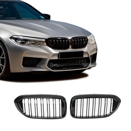 KHK Front Grill Compatible with BMW 5 Series G30 F90 M5 2017-2020 530e 530i 540i 550i xDrive, Gloss Black ABS Automotive Replacement Double Slats Kidney Front Grille Upgrade Grille