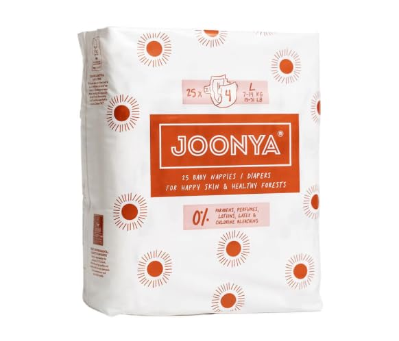 Joonya Baby Diapers, Size 4 L (15-31 lb) - 1 Bag of 25 - **New Range** - NonToxic, Eco-Friendly, Ultra Slim, Overnight Use - Made in Denmark