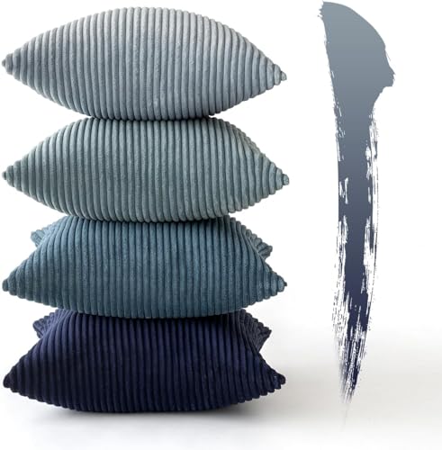 Image of MIULEE Boho Farmhouse Throw Pillow Covers 20x20 Inch Set of 4 Western Neutral Decorative Cushion Covers Soft Modern Coastal Corduroy Spring Decor for Couch Bed Sofa Living Room Dark Blue Navy Series