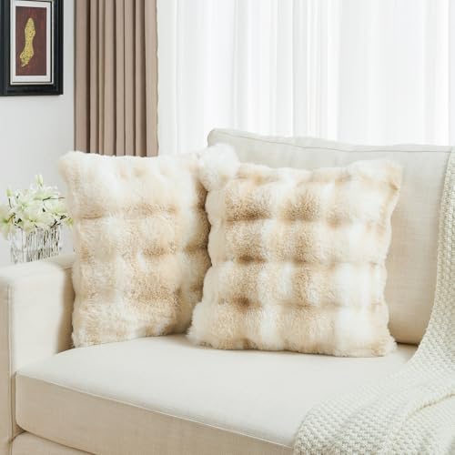 FUTEI Beige White Decorative Throw Pillow Covers 24x24 Inch Set of 2,Soft Fuzzy Faux Rabbit Fur European Cushion Covers with Raised Texture,Neutral Boho Home Decor for Couch Bed Living Room